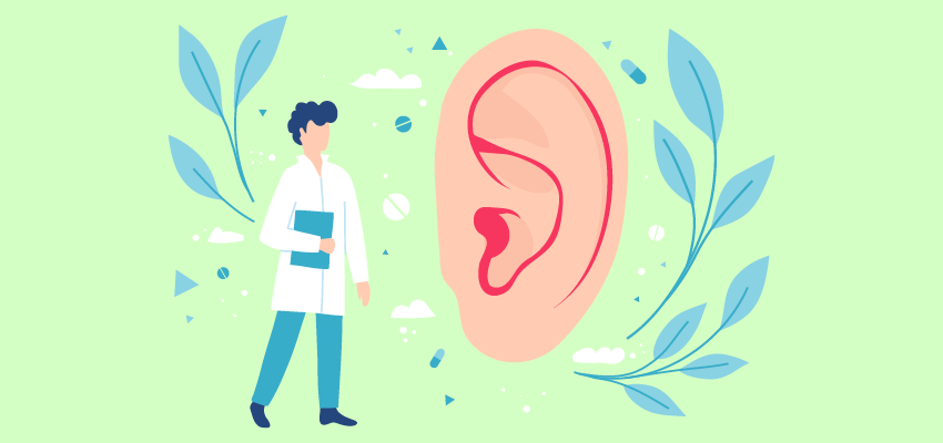 An illustration of a doctor looking at an oversized ear with plants floating around it