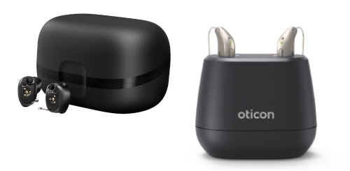 Starkey and Oticon rechargeable hearing aids pictured with their chargers